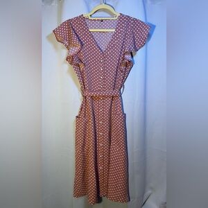womens pink polka dot button up dress, medium